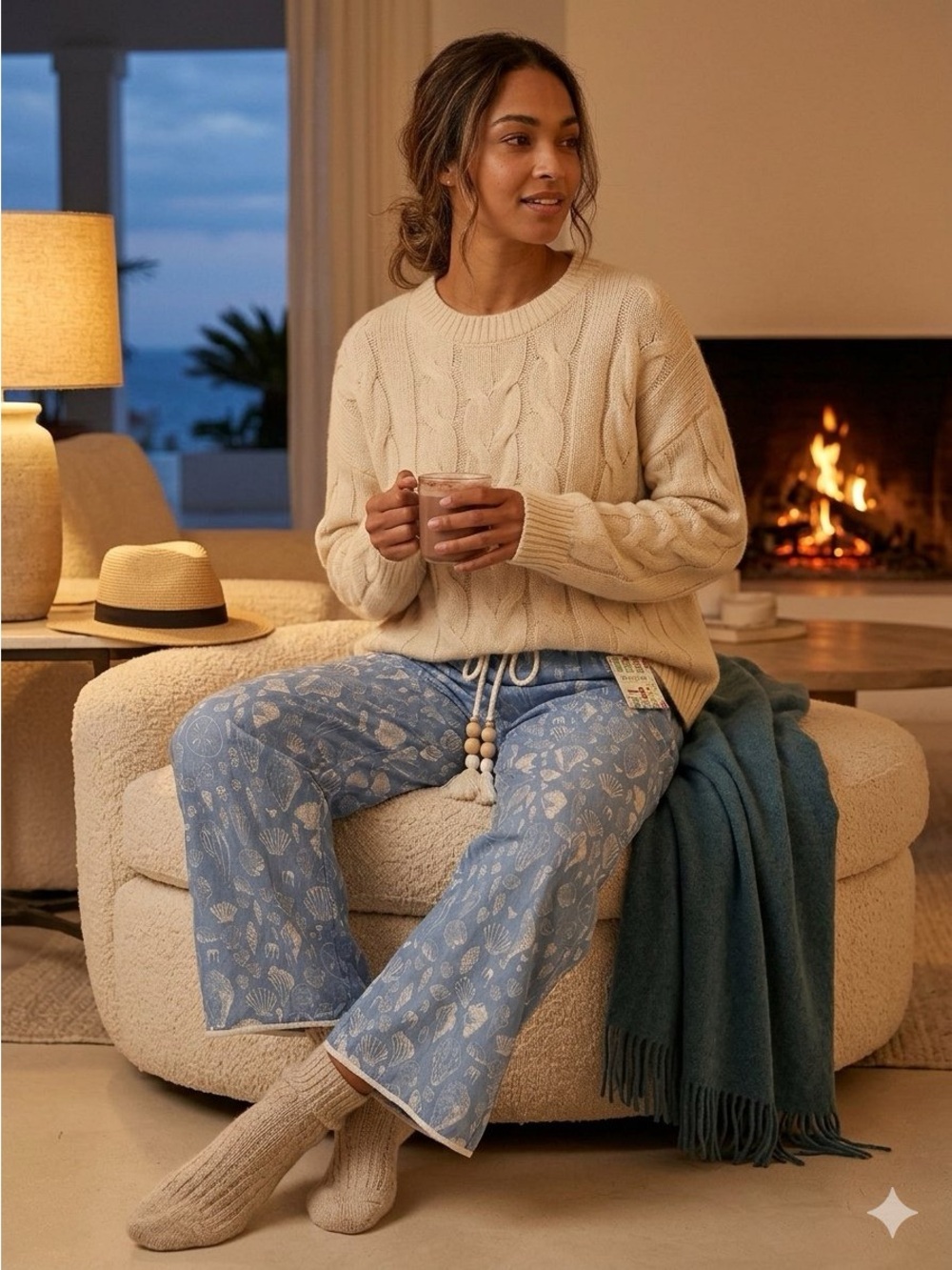 CK Bradley Cozy Coastal Seashell Print Beau and Ro Blue wide leg Pant NWT